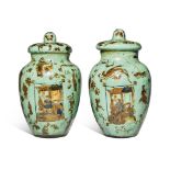 A Pair of Celadon-Ground Decalcomania Vases and Covers, French or English, Mid-19th Century