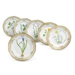 Six Royal Copenhagen 'Flora Danica' Reticulated Dinner Plates, Modern