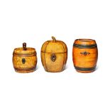 A George III Fruitwood Tea Caddy in the Shape of a Melon together with two Tea Caddies in the Shape