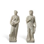 A Pair of Large French Carved White Marble Statues of Bacchus and a Nymphe, 19th Century