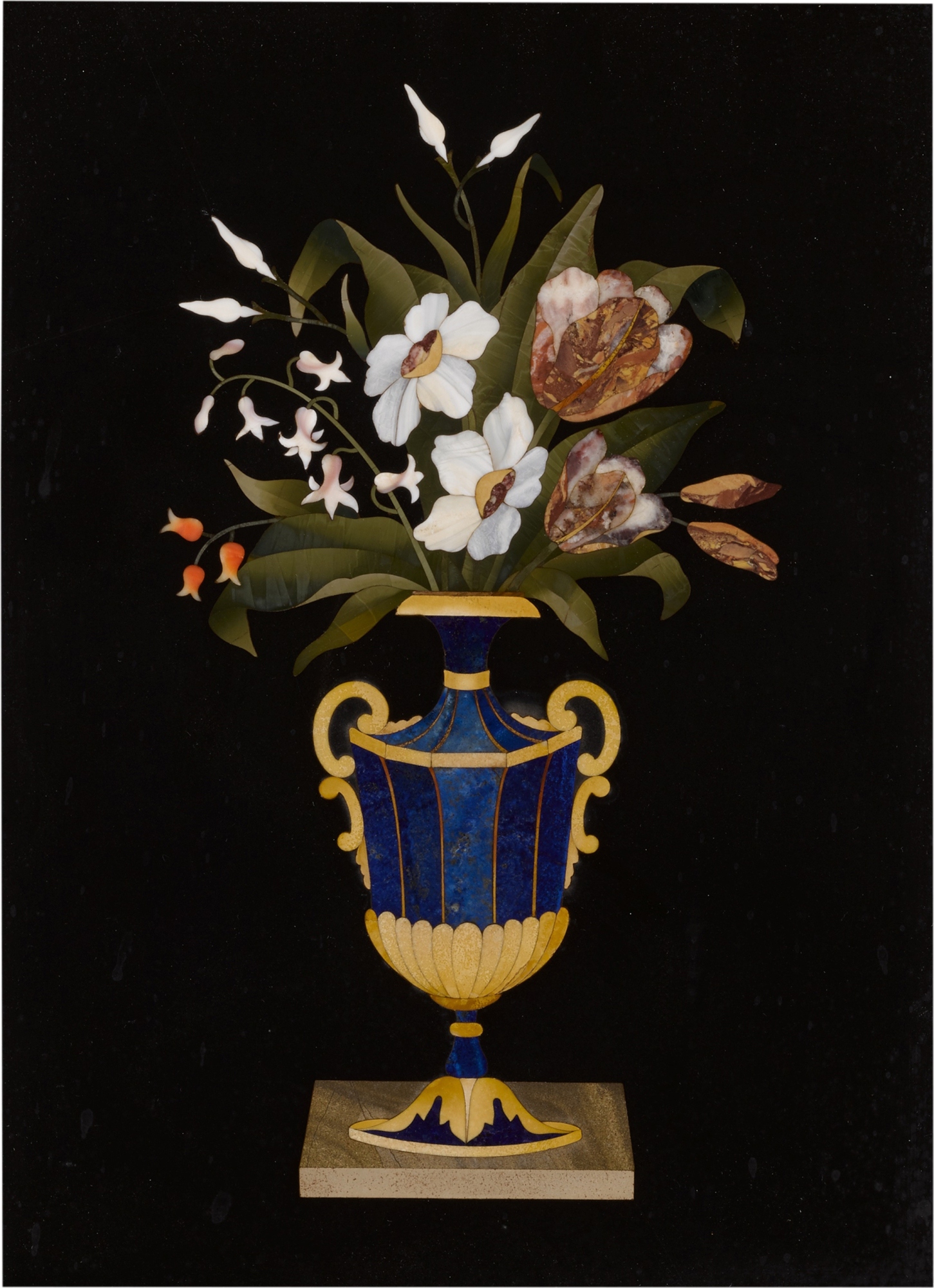 An Italian Pietre Dure Panel Depicting a Vase with Flower Arrangement Within a Mother-of-Pearl and L - Image 2 of 3