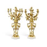 A Pair of Louis XVI Style Gilt-Bronze Mounted White Marble Seven-Light Candelabra, 19th Century