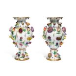 A Pair of Meissen Flower and Fruit-Encrusted Vases, Late 19th Century