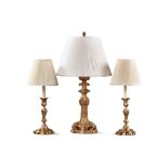 A Pair of Louis XV Style Gilt-Bronze Candlesticks Now Mounted as Lamps, Together with a Louis XV Sty