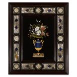 An Italian Pietre Dure Panel Depicting a Vase with Flower Arrangement Within a Mother-of-Pearl and L