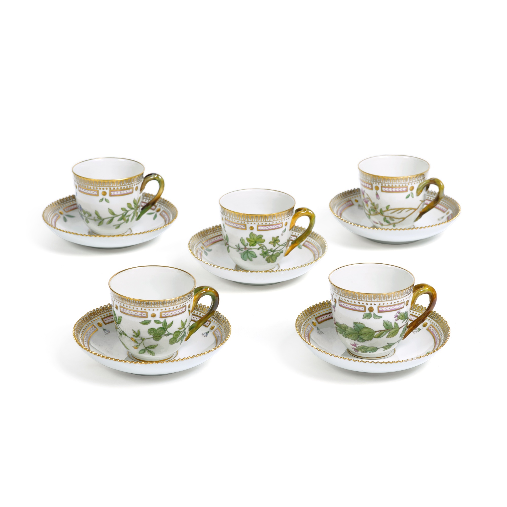 Five Royal Copenhagen 'Flora Danica' Coffee Cups and Saucers, Modern