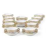 Twelve Royal Copenhagen 'Flora Danica' Two-Handled Soup Bowls and Stands, Modern