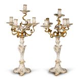 A Pair of Berlin (K.P.M.) Gilt-Bronze Mounted Five-Light Candelabra, Late 19th/Early 20th Century