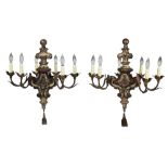 A Pair of Venetian Baroque Style Carved and Silvered Wood Six-Light Chandeliers, 19th Century