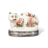 A Saint-Cloud Kakiemon Silver-Mounted Snuff Box and Cover in the Form of a Cat, Circa 1740