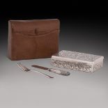 A cased Victorian silver child's sandwich box with knife and fork, the sandwich box Thomas Whitehous