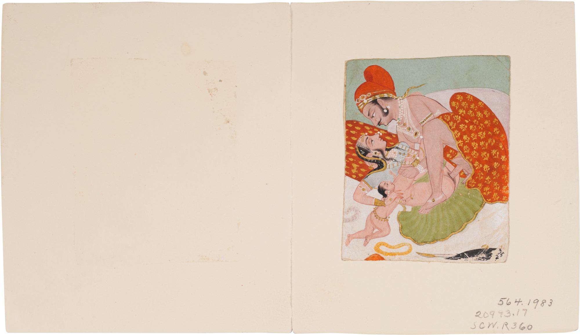 An illustration of an erotic scene, India, Rajasthan, late 18th century - Image 2 of 3