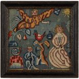 An allegorical needlework panel, European, 18th century in 17th century style, signed K.F.