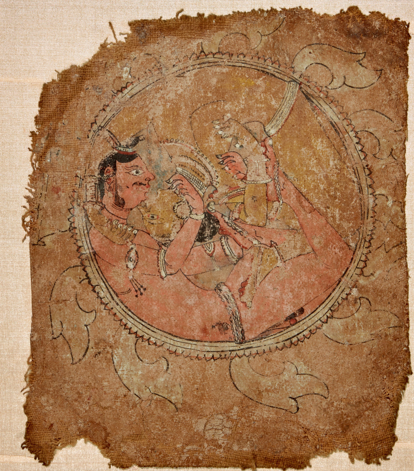 Two fragments on cloth: Krishna and Balarama; Intertwined lovers in roundel, India, Orissa, early 18 - Image 4 of 4