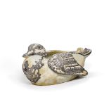 A Rare Faberg&#233; and Imperial Stroganov School Gem-Set Silver-Mounted Earthenware Duck-Form Bowl,