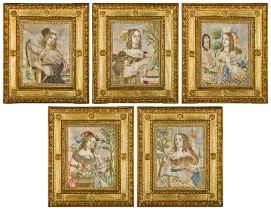 A group of five embroidered silk portrait pictures, French or Italian, 17th century