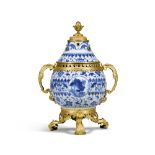 A Louis XIV gilt-bronze mounted Chinese blue and white porcelain pot pourri and cover, the porcelain