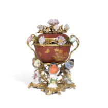 A Louis XV gilt-bronze mounted Chinese red lacquer pot pourri, circa 1740