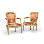 A pair of Louis XVI carved giltwood fauteuils, circa 1775, by B. LAGARDE