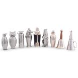A group of nine novelty electroplate cocktail shakers