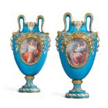 A pair of S&#232;vres (Napoleon III) bleu c&#233;leste two-handled ovoid vases &#233;trusques, 1854