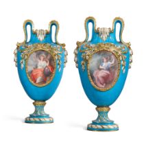 A pair of S&#232;vres (Napoleon III) bleu c&#233;leste two-handled ovoid vases &#233;trusques, 1854