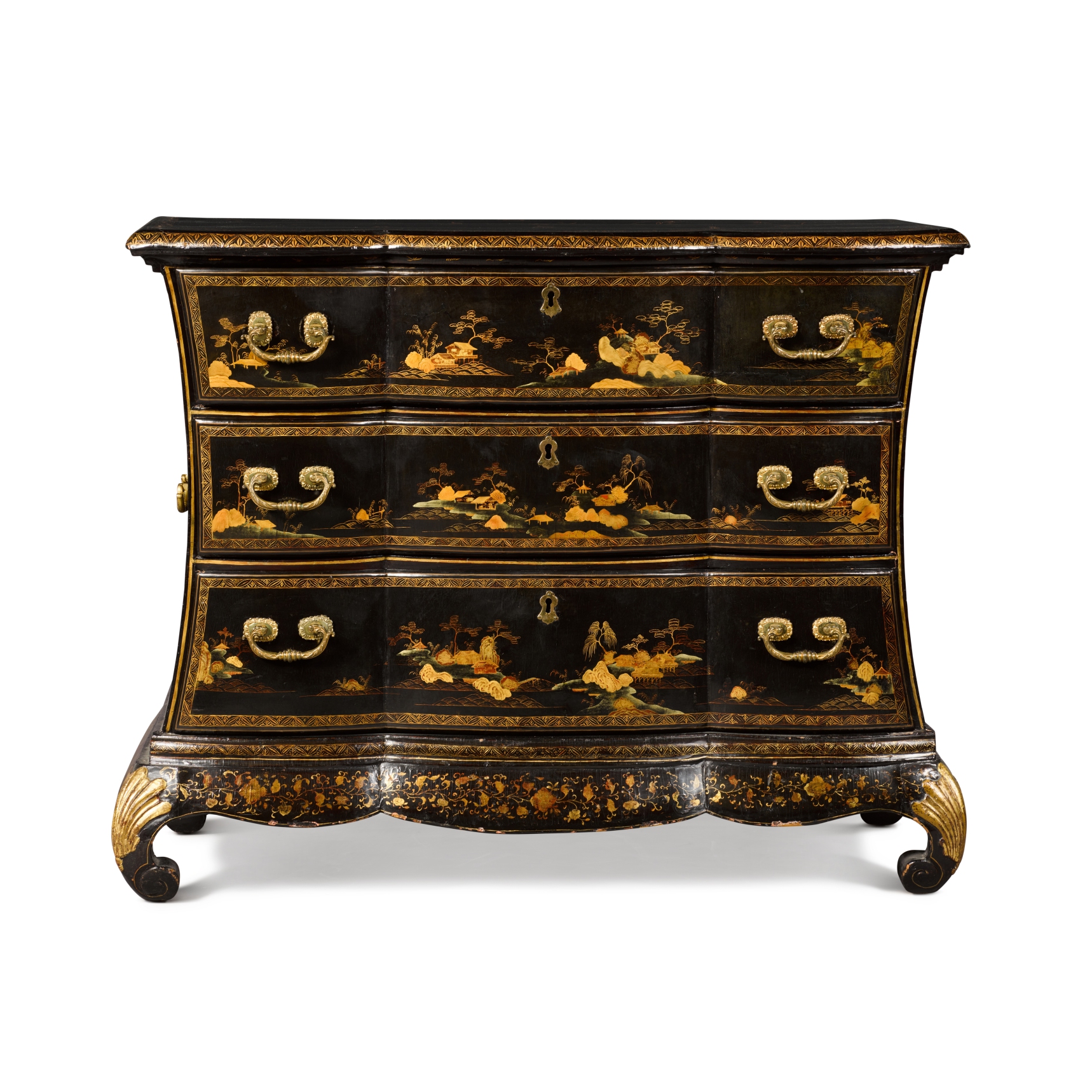 A Chinese export black gilt and polychrome lacquer commode, mid-18th century - Image 2 of 6