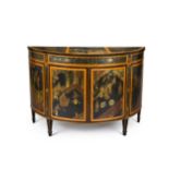 A George III lacquer and satinbirch demi-lune commode, late 18th century