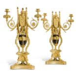 A pair of Louis XVI style gilt and patinated bronze candelabra, after Gouthi&#232;re, late 19th cent