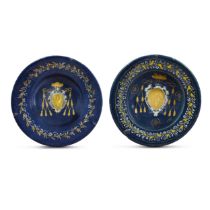 Two Castelli maiolica blue-ground armorial 'Turchino-Ware' dishes, late 16th century