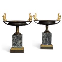 A pair of Empire gilt and patinated bronze tazze, early 19th century