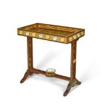 A Louis XVI style gilt-bronze and jasperware mounted marquetry table 'tricoteuse', late 19th century