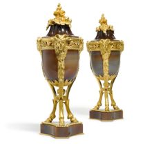 A pair of Louis XVI style gilt-bronze mounted agate cassolettes, late 19th century