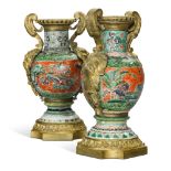 A pair of Louis XVI gilt-bronze mounted Chinese porcelain vases, the porcelain Kangxi period third q