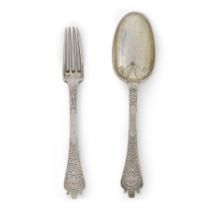 A French silver-gilt trefid fork and spoon, Jean Villain, Paris charge and discharge marks for 1681-