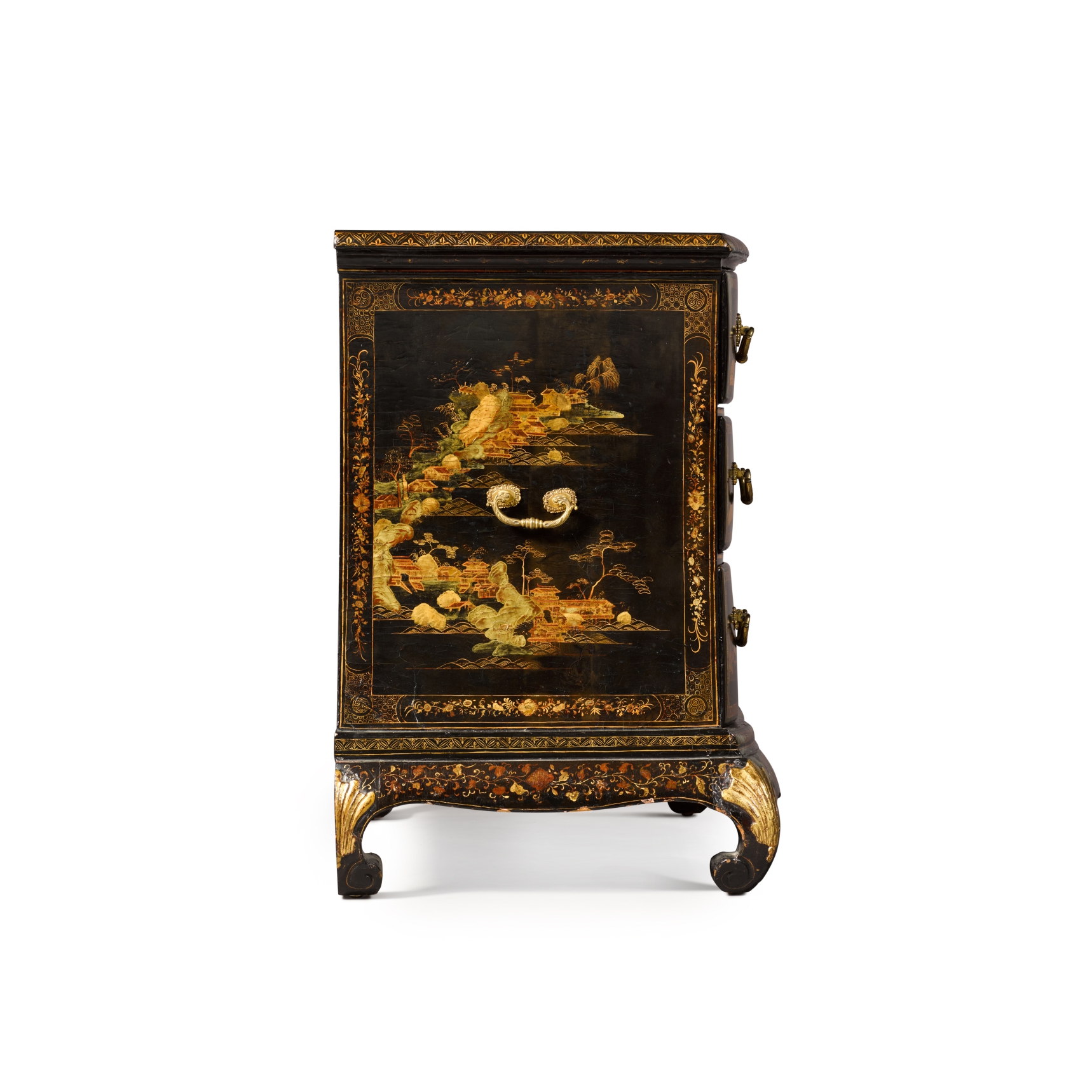 A Chinese export black gilt and polychrome lacquer commode, mid-18th century - Image 3 of 6