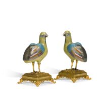 A pair of Chinese gilt bronze and cloisonn&#233; enamel quail-form incense burners and covers, Qing