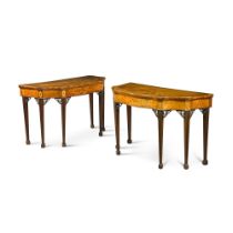 A near pair of George III mahogany, satinwood, rosewood and chequer-strung and inlaid pier tables, c