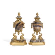 A pair of late George III gilt-bronze-mounted blue-john urns, circa 1805