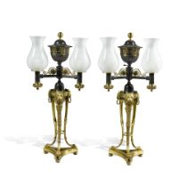 A pair of Regency gilt- and patinated-brass colza 'Patent' lamps, circa 1812, attributed to Smethurs