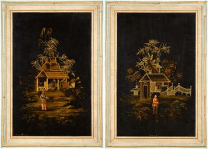 A pair of Regency japanned panels in bamboo frames, the panels early 19th century