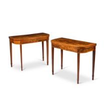 A pair of George III mahogany, rosewood, satinwood-banded and inlaid card tables, circa 1780