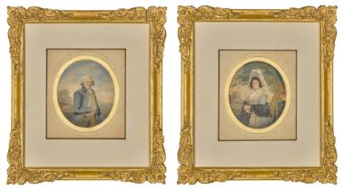 A pair of George III pendant portraits in painted and embroidered silk, late 18th century