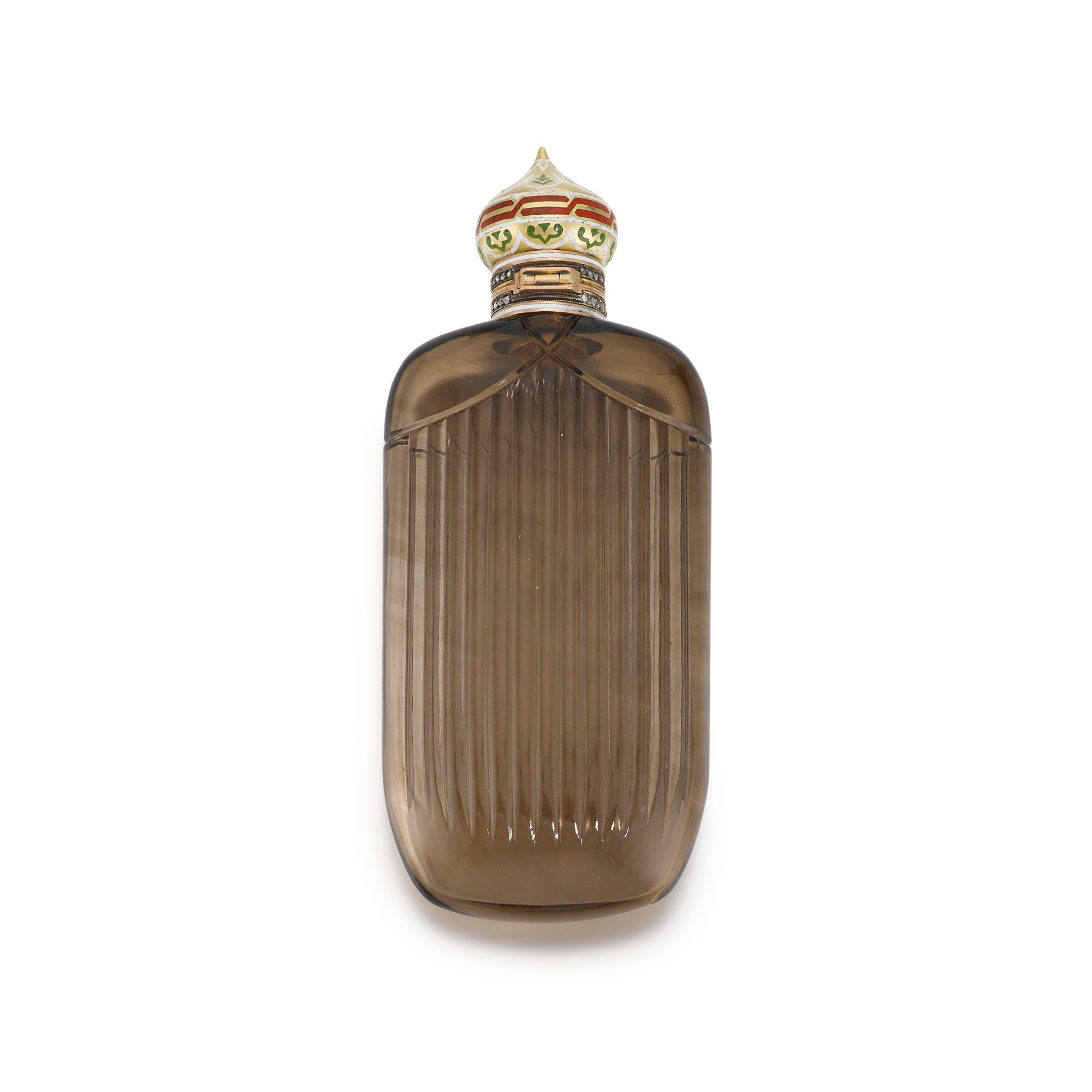A Fabergé jewelled gold-mounted champlevé and smokey quartz scent bottle, workmaster Henrik Wigström - Image 2 of 4