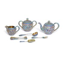 A seven-piece silver-gilt and cloisonn&#233; enamel tea service, various makers including Petr Shulg