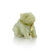 A Faberg&#233; jewelled gold-mounted bowenite model of a bulldog, St Petersburg, circa 1900