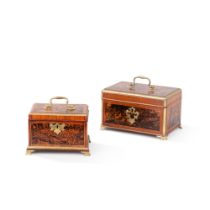 Two gilt-bronze mounted mapple burr, tulipwood, amaranth veneered small caskets, by Abraham Roentgen