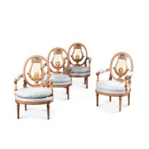 A set of four partly Louis XVI relacquered armchairs, circa 1780, stamped by Jean-Baptiste Claud&#23