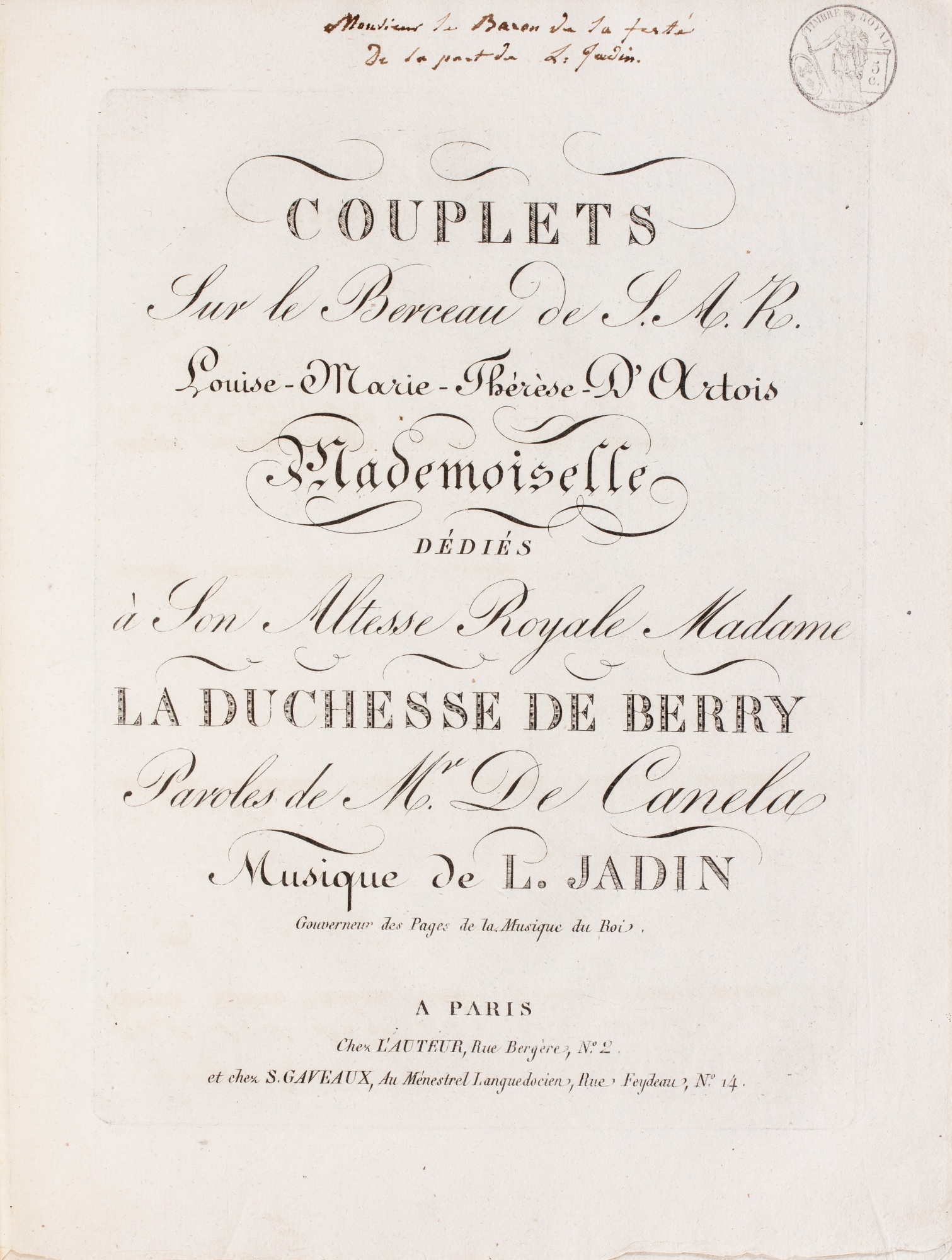 [Musique ─ Chants royalistes] 2 recueils de partitions, 1820-1824. Exemplaires de l'intendant des th - Image 2 of 2
