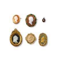 A group of six cameos of various materials, dates and origins | Groupe de six cam&#233;es de mat&#23